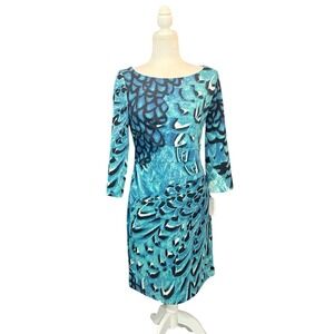 Jessica Simpson Sheath Dress Size 10 Teal NWT Peacock Print 3/4 Sleeve Stretch